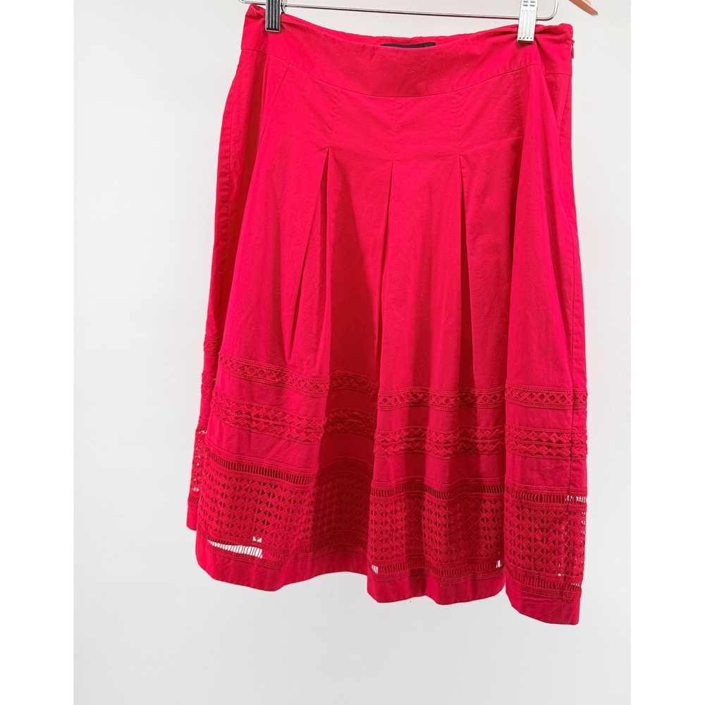 Talbots Red Cotton Eyelet Hem Pleated Midi Skirt Size 4 Crochet Trim A-Line